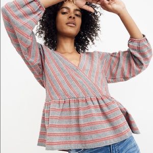 Madewell Striped Bubble-Sleeve Peplum Top, Size M